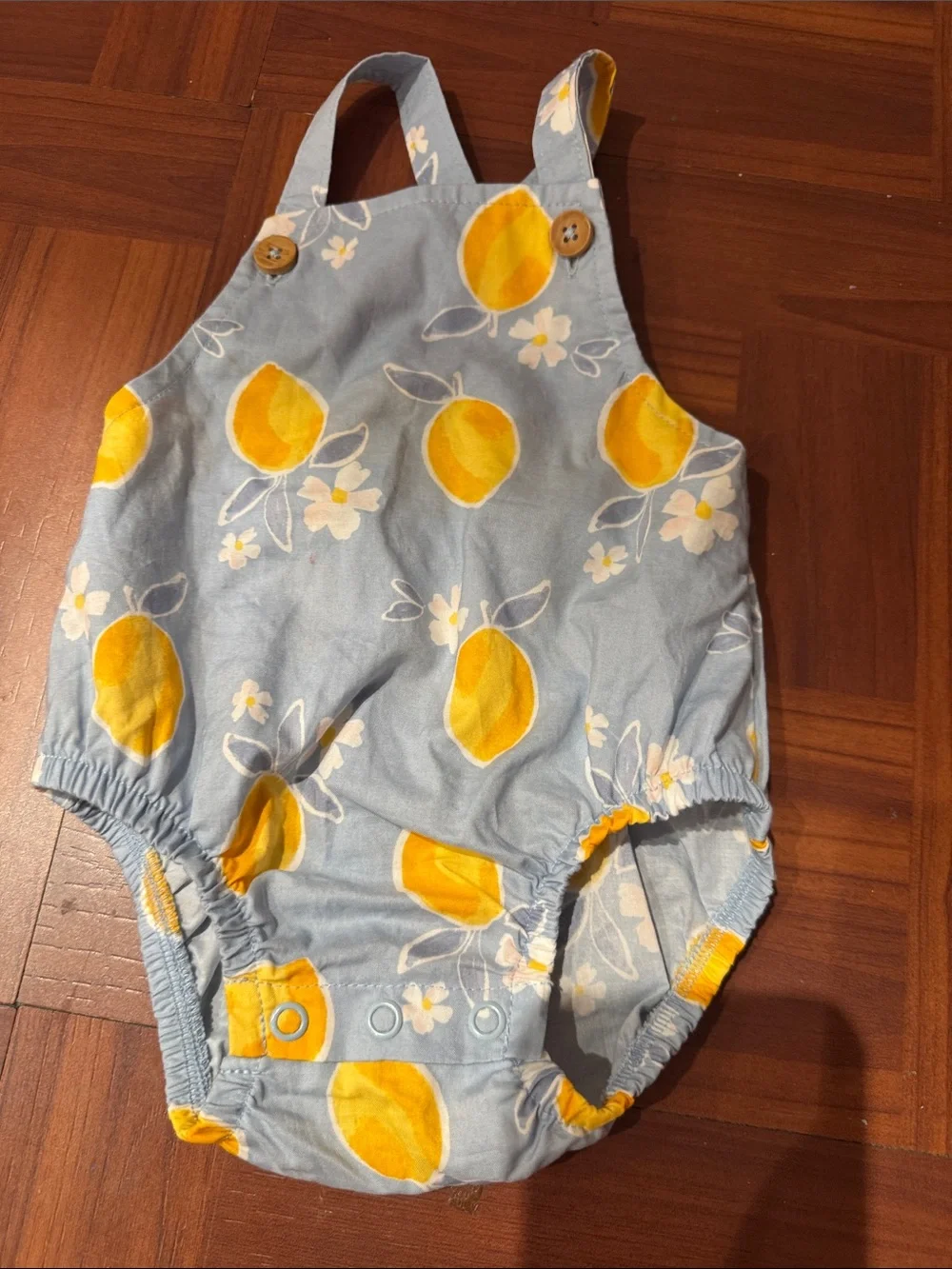 Baby Lemon Print Romper - Yellow on Light Blue